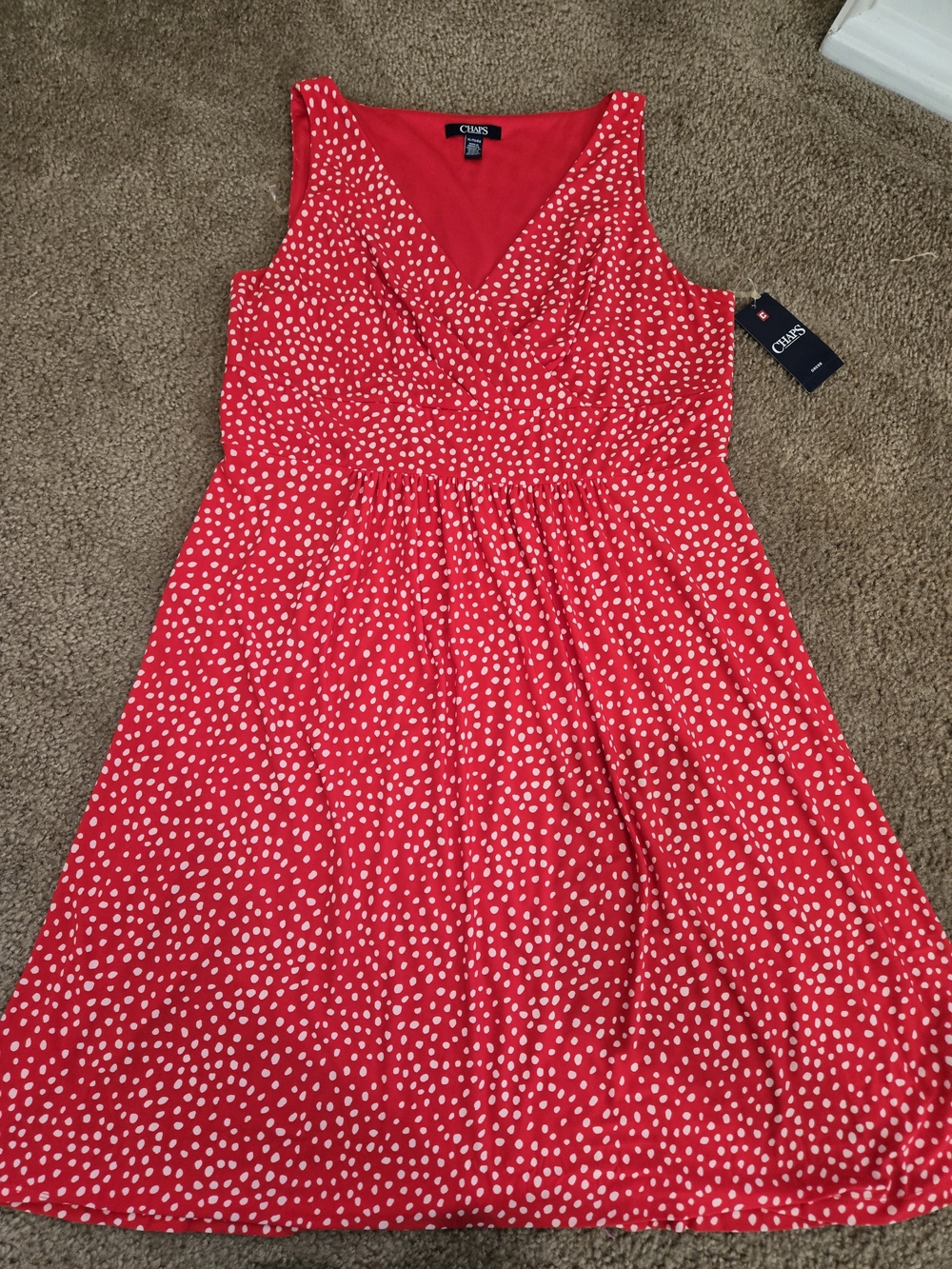Chaps Red White Polka Dot Sleeveless V-Neck Dress